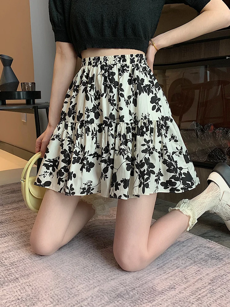 pink skirt Floral Skirt, Half-Length Skirt, Summer Women's High-Waisted Big Skirt, All-Match Elastic Waist A-Line Umbrella Skirt mini skirts for women Skirts