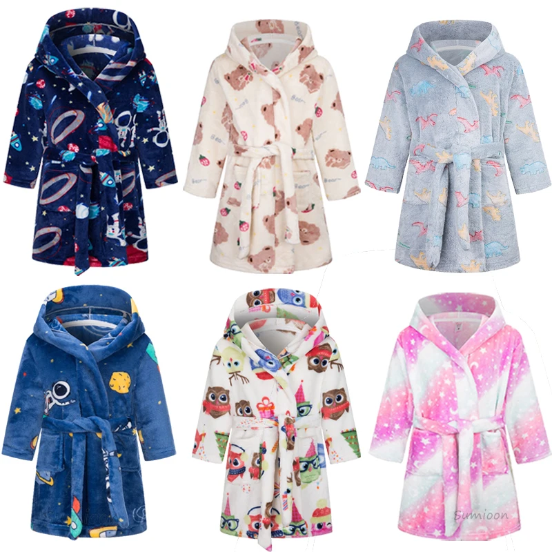 Cartoon Bathrobe For Children Flannel Long Sleeve Hooded Kids Clothes Boys Robe Spring Autumn Winter Baby Bathrobe 2-12 Years