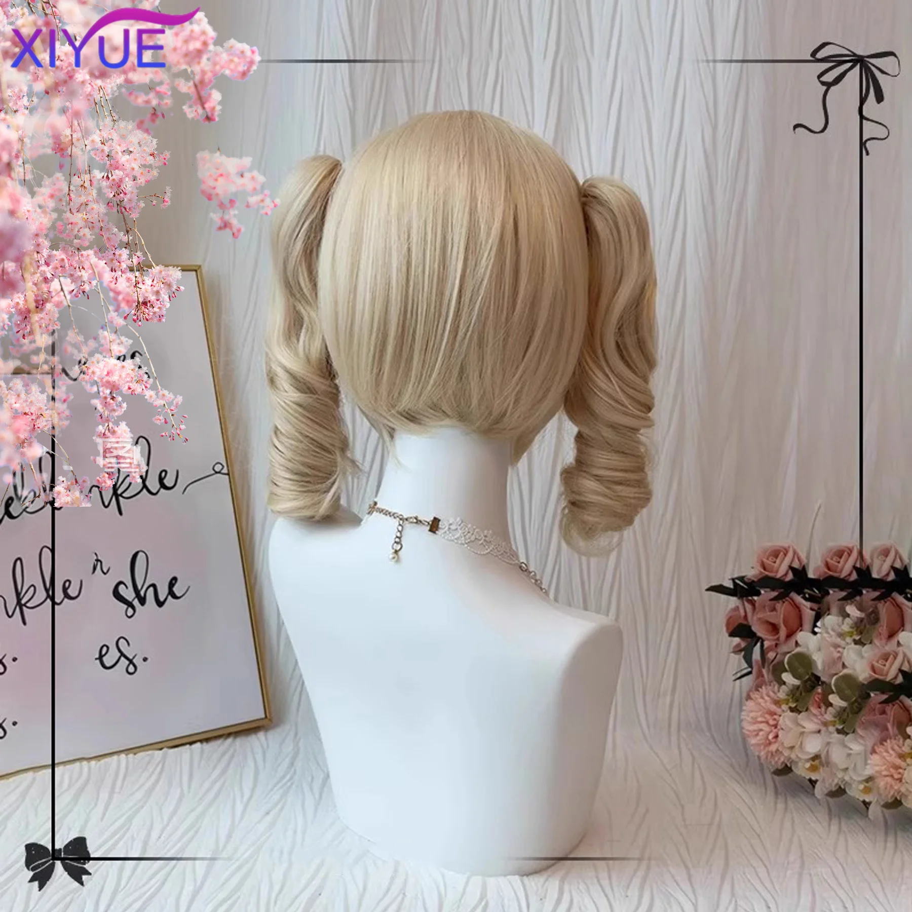 Long Curly Twin Ponytails Synthetic Wig Bangs Cosplay Lolita Party Chic Girls Princess Blonde Short Heat Resistant Hair byWTB HA