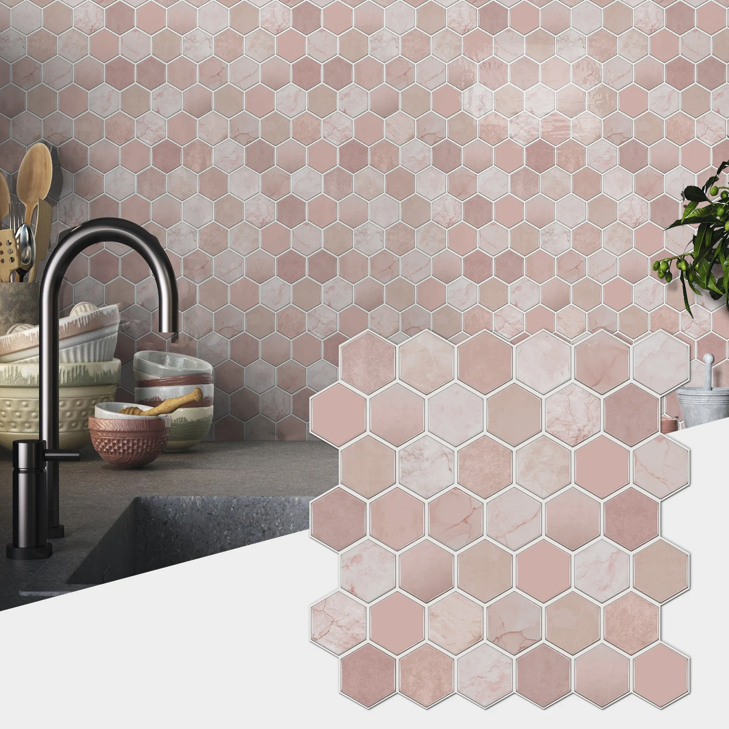 Wall Stickers 1/12PCS Pink Splicing Marble Tile Wall Stickers Living Room Kitchen Waterproof and Oil Resistant Wallpaper Home Renovation Decal