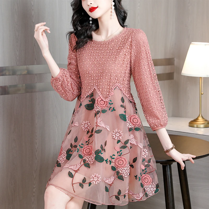 2024 New Chic Embroidery Floral Silk Midi Dress Women Long Sleeve Light  Hooded Dress Spring Korean Luxury Elegant Party Vestidos
