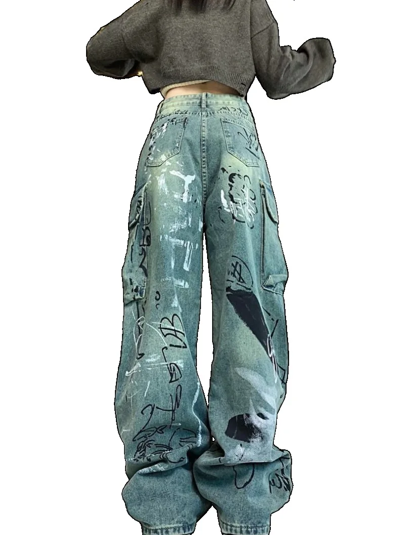 Graffiti Printed Denim Jeans Unisex Side Pocket Straight Cargo Jean Trousers Hip Hop Streetwear Casual Loose Joggers Jeans Pants