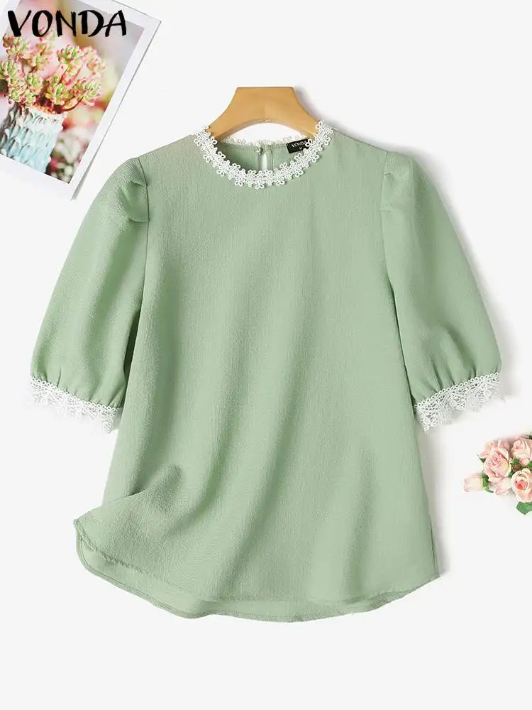 

Summer Party Tops 2024 VONDA Vintage Women Blouses Lace Patchwork Tunic Oversized Blusas OL Work Office Shirt Half Sleeve Tee
