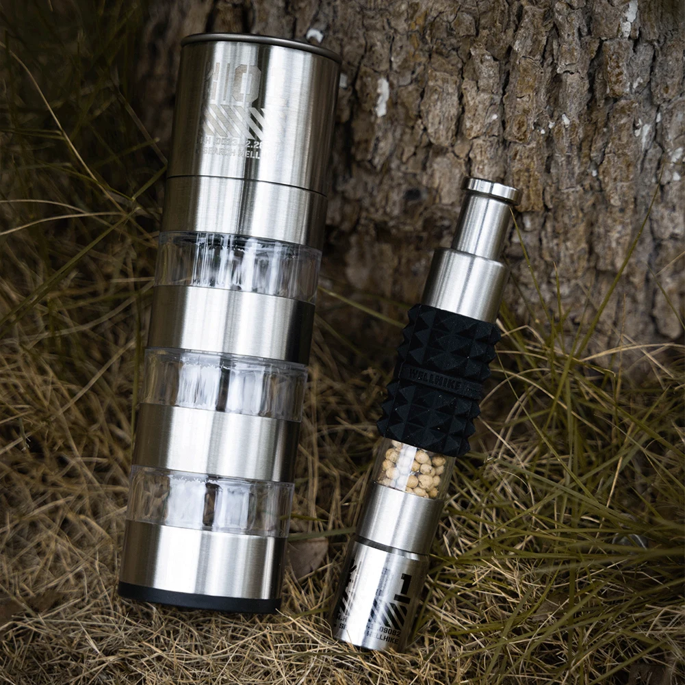 Thumb Push Pepper Mill Stainless Steel Portable Salt Mill One Hand Operation Pepper Mill Grinder for Outdoor Barbecue