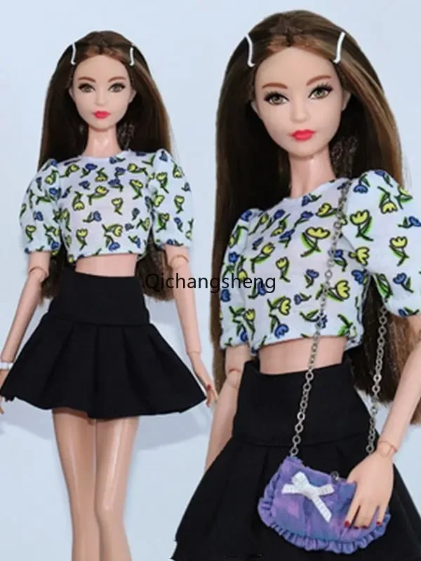 

Floral Crop Tops Black Skirt 1/6 BJD Dolls Outfits Set For Barbie Clothes For Barbie Accessories Clothing 11.5" Doll House Toys