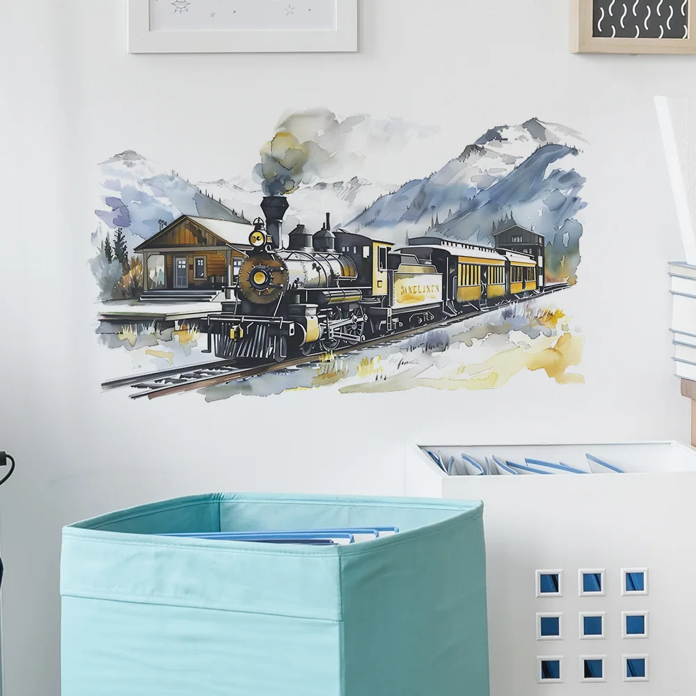 Creative Train Moving Out of The Deep Mountain Wall Sticker Self-adhesive Ink Painting Wallpaper for Living Room Bedroom Decor