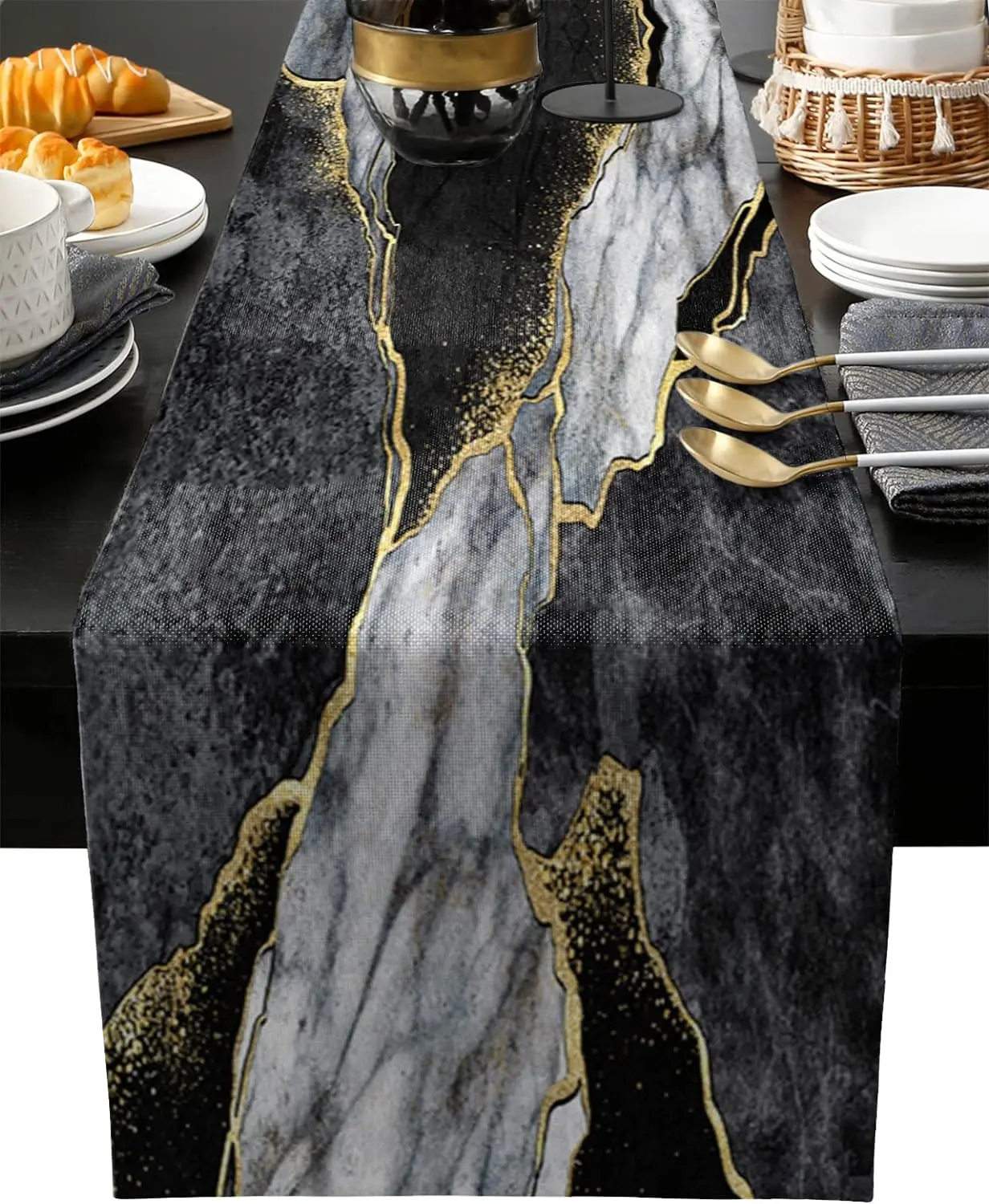 

Abstract Marble Linen Table Runners Modern Black Grey Gold Table Runner Dresser Scarf Kitchen Home Party Dining Table Decoration