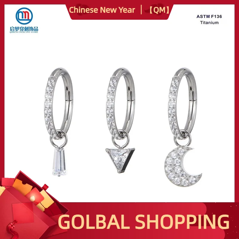 

QM ASTM F136 Titanium Clear Zircon Clicker Hoop Ring with Pendants Earrings Body Piercing Jewelry