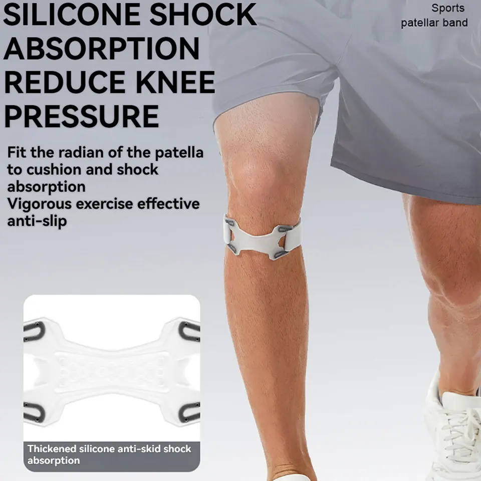 Genouillère de protection grise et blanche posée sur un tapis de sport, idéale pour la rééducation après blessure.