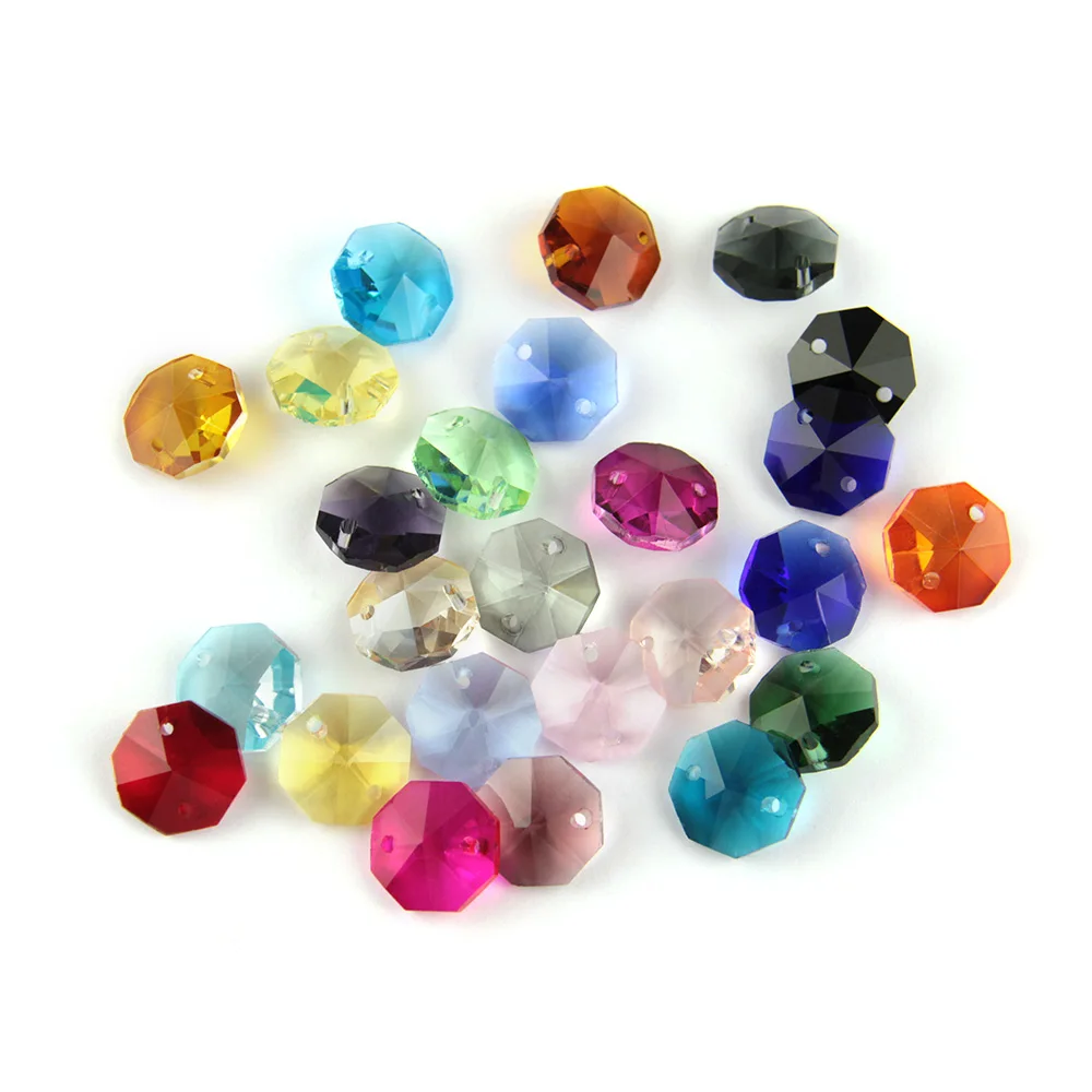 K9 14mm 30pcs Crystal Octagon Beads With1 Hole And 2 Holes Feng Shui Glass Prism Beads For Chandelier Suspension