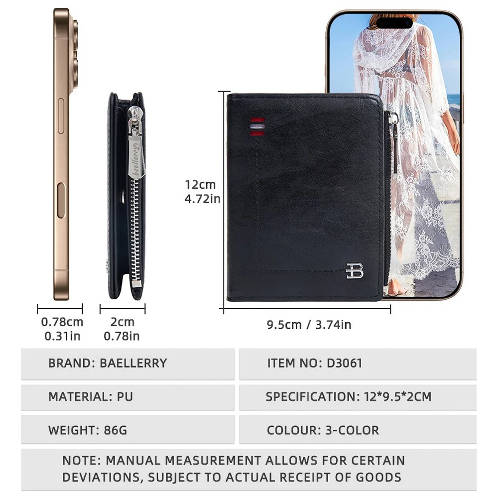 Baellerry Men's PU Wallet, Anti - Demagnetization, Zipper Coin Pocket, 6 Card Slots, Compact Bifold Purse for ID/CC, Fashion Mal