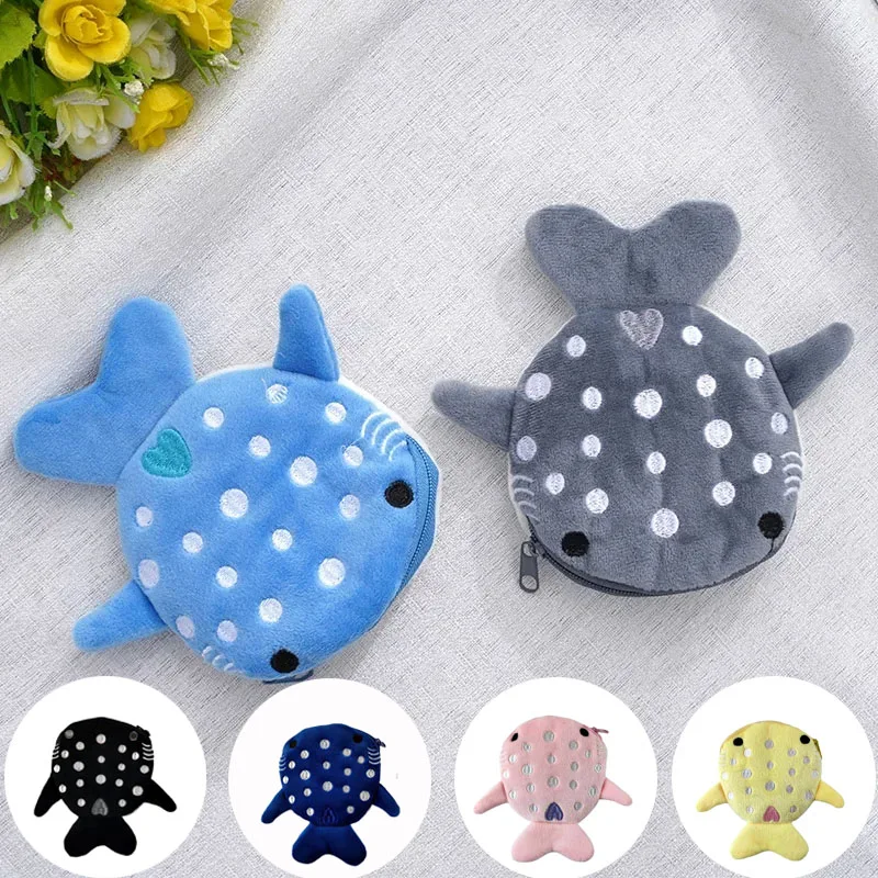 Women Plush Shark Coin Purse Cartoon Cute Coin Purse Zip Plush Three-dimensional Coin Purse Headphone Bag Wallet Key Holder