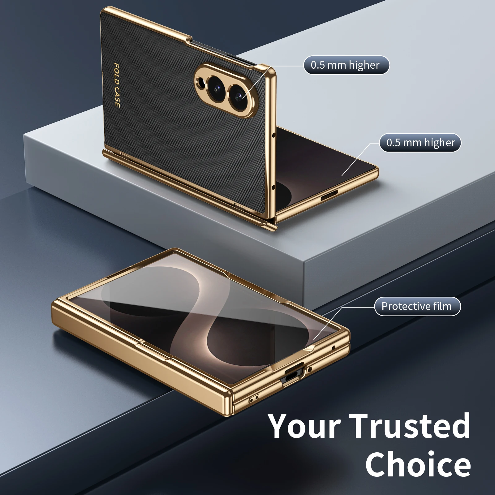 Luxury Leather Phone Case with Golden Border and Steel Hinge Protection