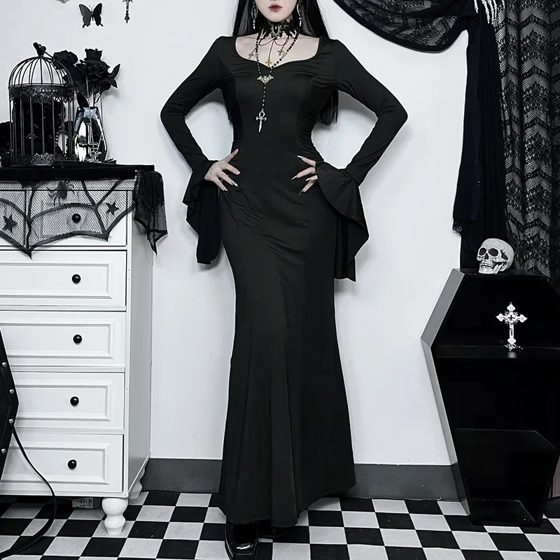 

Elegant Long Petals Sleeve Slim Fit Maxi Mermaid Dress Halloween Gothic Punk 2023 Autumn U-neck Vestidos Streetwear Dark Style