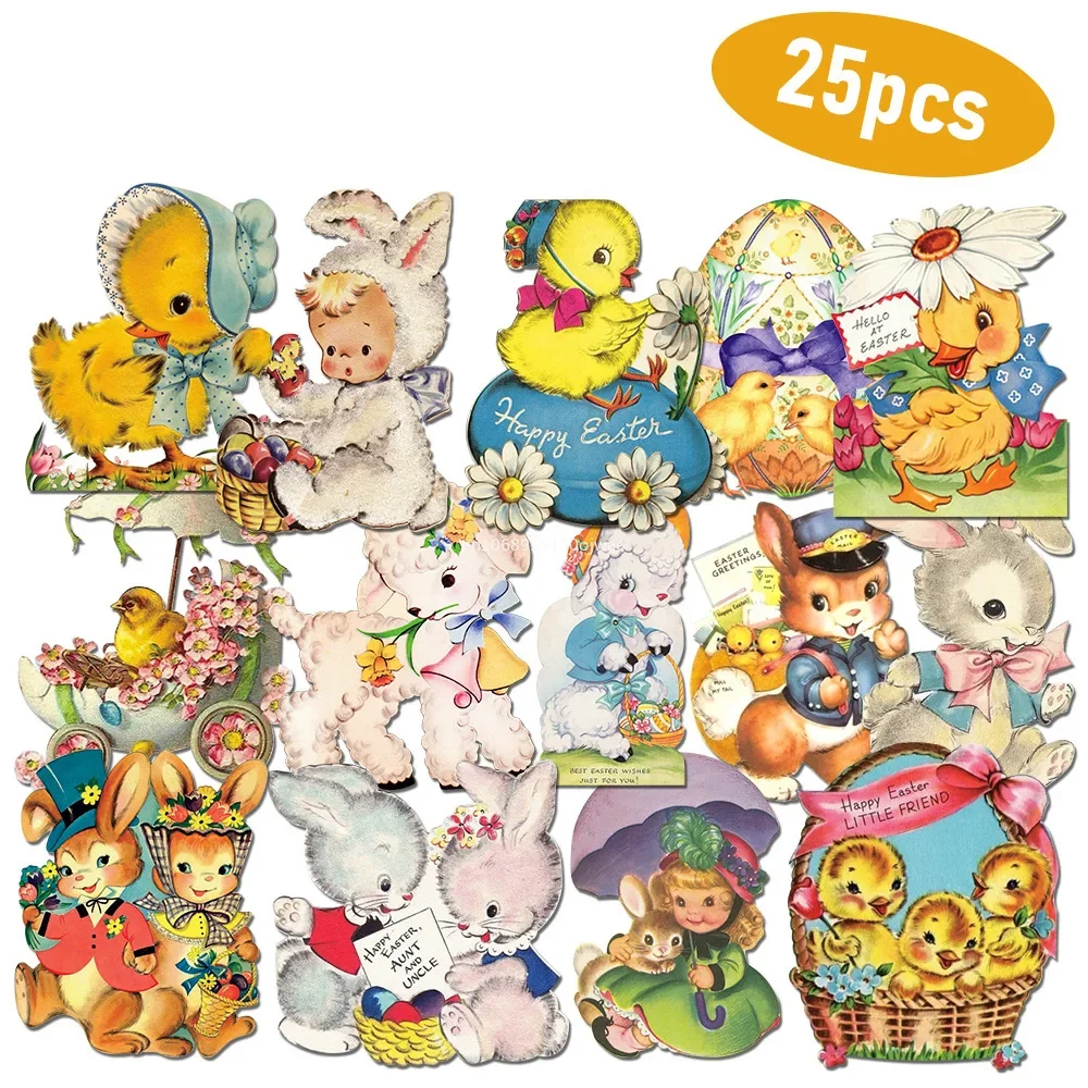 25pc Easter Vintage Sticker Cartoon Cute Easter Bunny Chicks Egg Stickers Self-Adhesive Decal Novelty Party for Kid Gifts