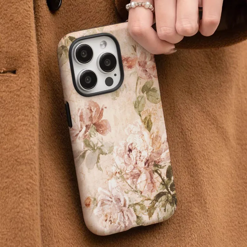 Retro Floral Dual-Layer Phone Case with Screen Protector