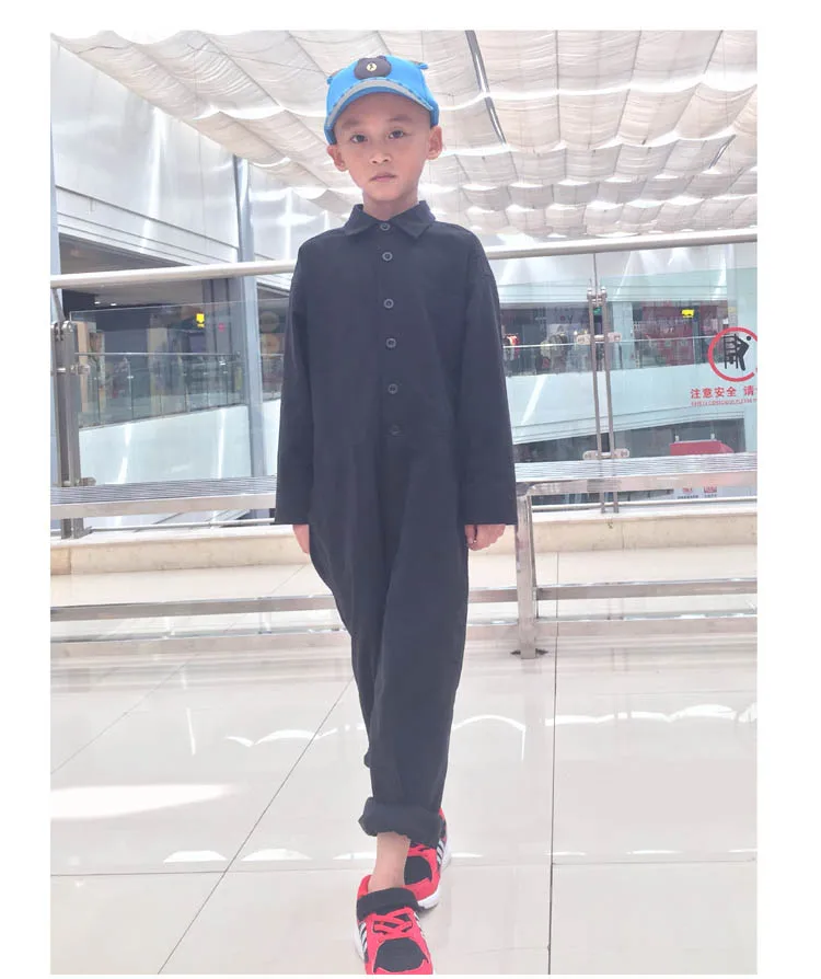 

YANGHAOYUSONG homemade jumpsuit Men's Black long-sleeved tooling overalls-mid-weight chinos with plastic buttons