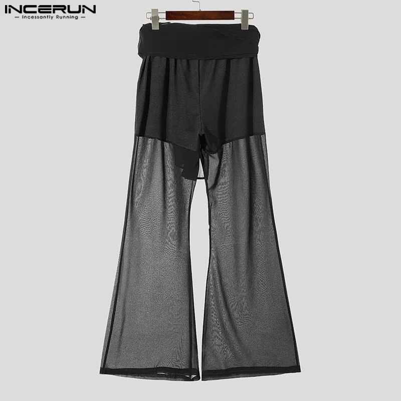 INCERUN Men Casual Long Pants 2024 Streamers Belt Mesh Splicing Trousers Hansome Male Wide Leg Bottoms Simple See Through Pants 3