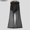 INCERUN Men Casual Long Pants 2024 Streamers Belt Mesh Splicing Trousers Hansome Male Wide Leg Bottoms Simple See Through Pants 3