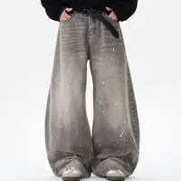 Printemps et automne rétro lavé Vintage gris Splash encre couteau incurvé jean pour hommes et femmes marque à la mode américaine rue lâche P 2