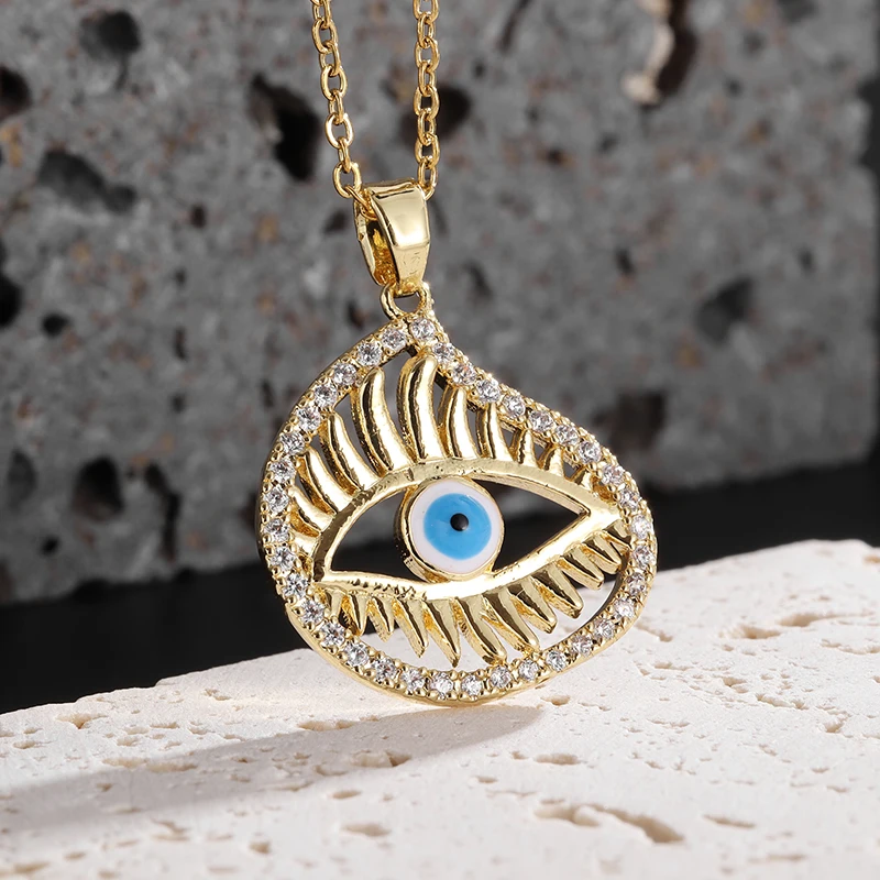 

New Turkish Devil's Eye Necklace Inlaid with Zircon Hollow Evil Eye Pendant Women's Personalized Hip-Hop Rock Jewelry Gift