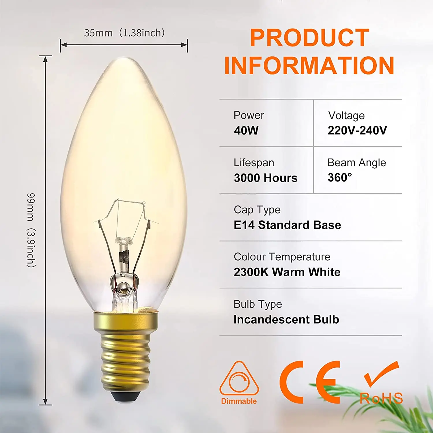 Lot de 3 Ampoule à Sel 25W E14 T22, Incandescence Blanc Chaud