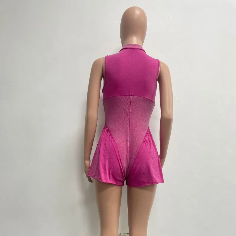 2024 Summer Solid Patchwork Ribbed Slim Casual One Piece Rompers Women O-neck Sleeveless Zipper Streetwear Wide Leg Playsuits