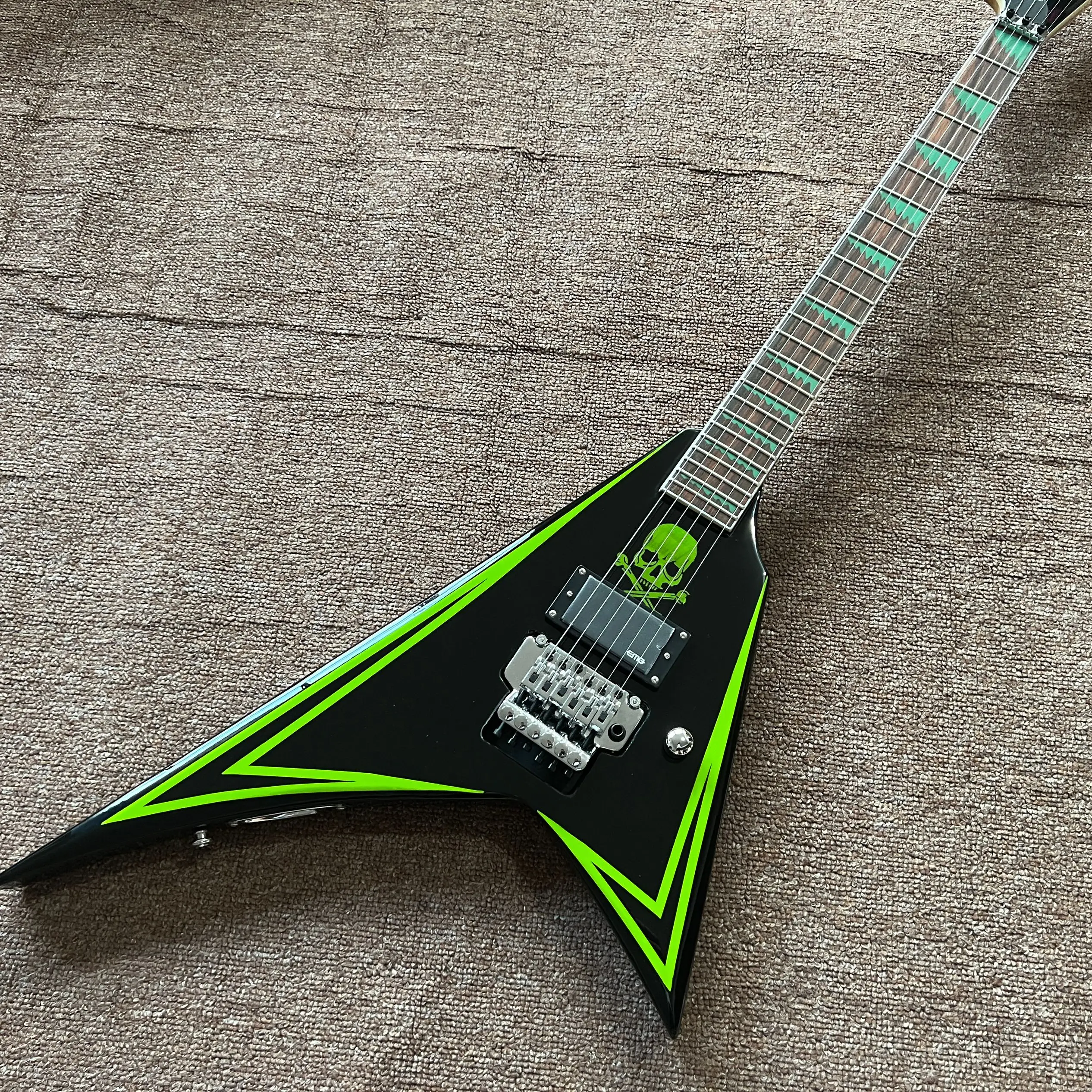 NEW ARRIVAL V Shape Electric Guitar Green Skull Print Alexi