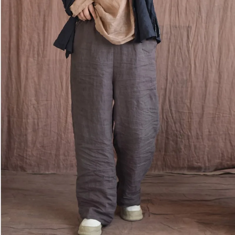 Johnature Women Vintage Linen Wide Leg Pants Elastic Waist Spring New Trouser 2025 New Solid Color Women Casual Long Pants