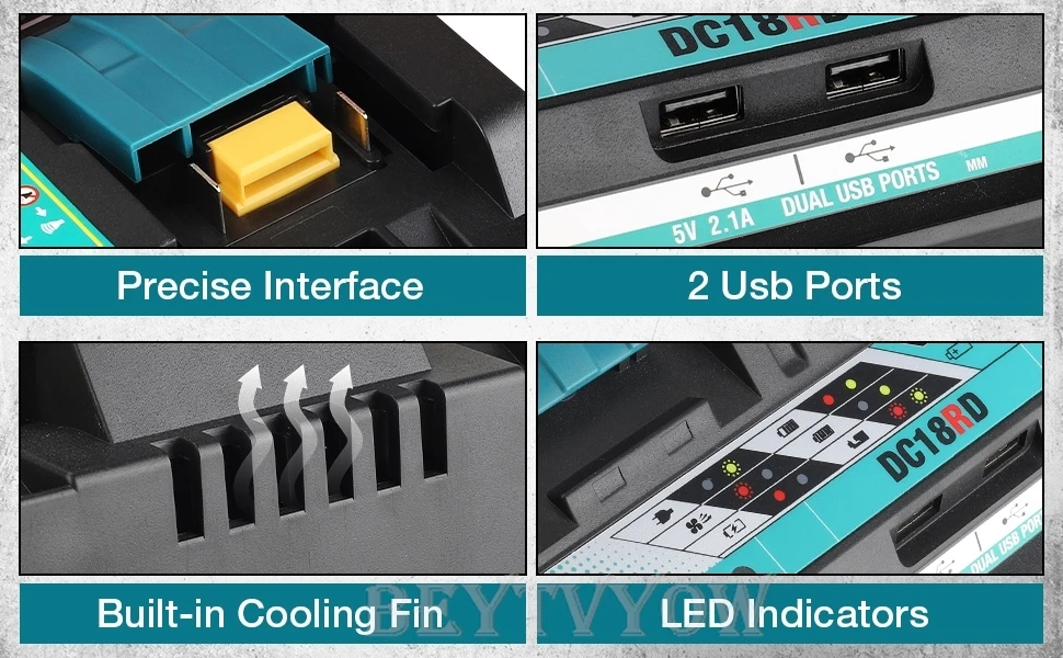 Batterieladegerät, schnelles Ladegerät für Makita 14,4 V-18 V LXT Lithium-Ionen, 2-Port-Schnellaufladung gleichzeitig mit zwei USB-Anschlüssen – Detail 17