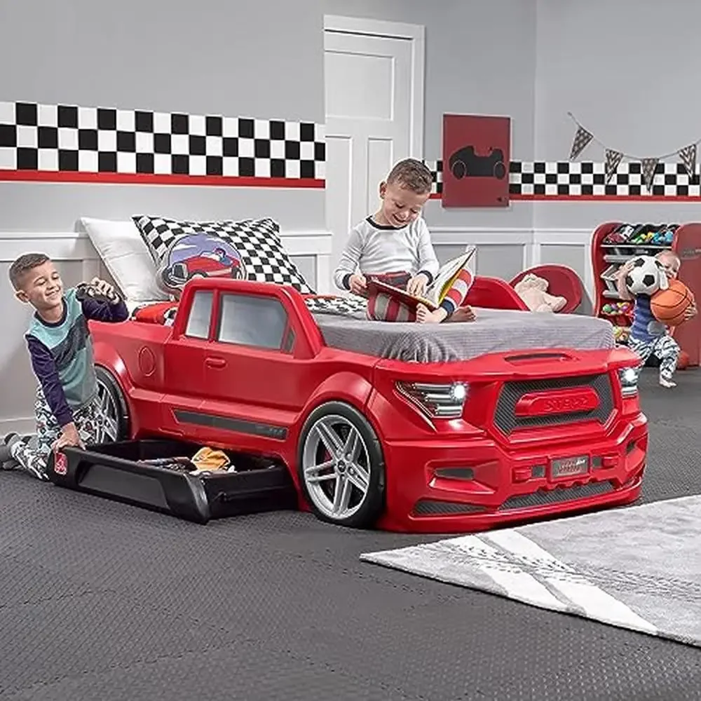 Turbocharged Twin Size Truck Car Bed Boys and Girls Realistic Detail with Working Headlights Built-In Storage Drawer Race Car 2