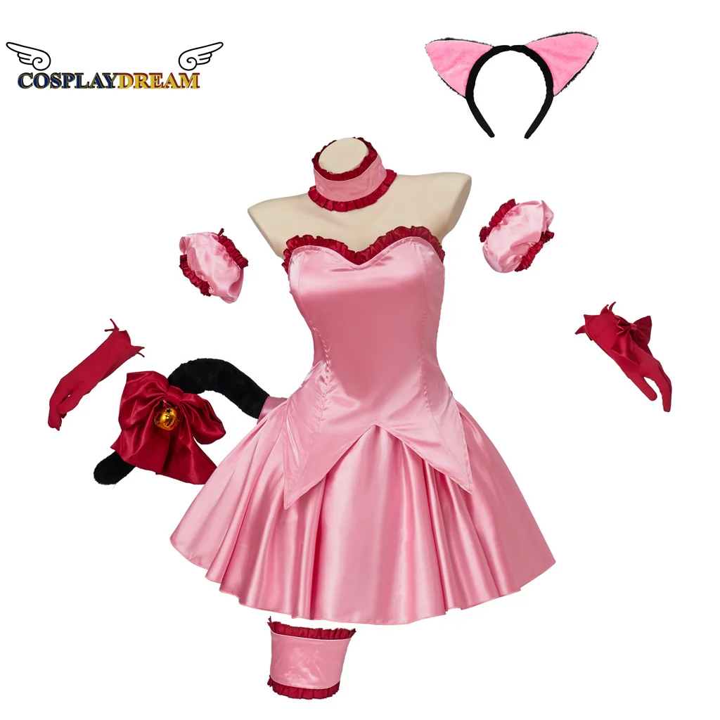 

Tokyo Mew Mew Strawberry Ichigo Momomiya Cosplay Costume Womens Girls Pink Dress with Cat Ears and Tail Cute Cat Cosplay