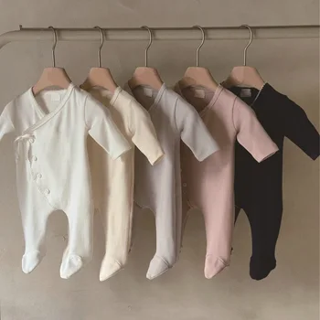 2025 Autumn New Baby Long Sleeve Foot Wrapped Romper Cotton Infant Boy Girl Solid Pantyhose Jumpsuit Newborn Clothes 0-24M
