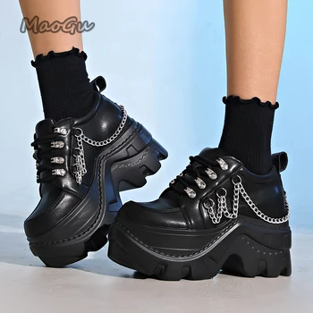 Gothic Punk Chunky Sneakers for Women PU Black Chain Decor Platform Casual Shoes Woman Thick Sole Non Slip Sneakers Size 35-42 1