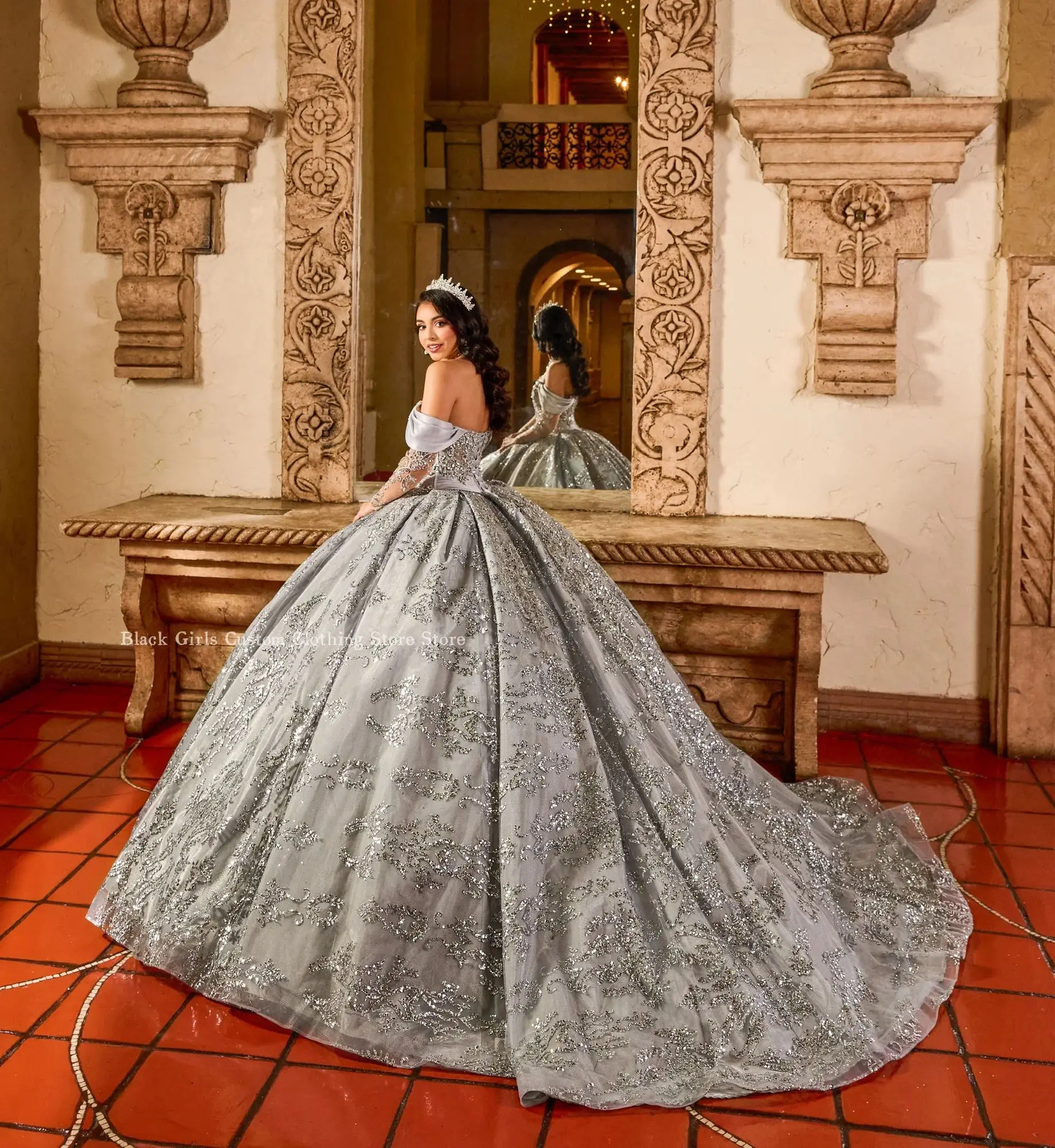 Shiny Silver Ball Gowns Quincea&ntilde;era One Shoulder Crystal Beaded Applique Customised
