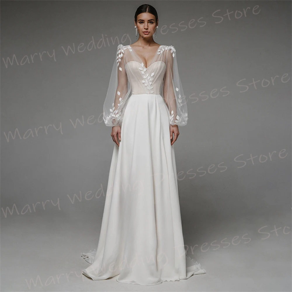 Simple Modern A Line Women's Wedding Dresses Appliques Bride Gowns V Neck Long Puff Sleeve Backless Robe De Mari&eacute;e