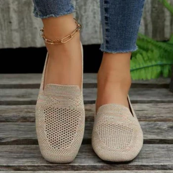 Solid Color Square Toe Mesh Loafers Shallow Women Flats Shoes Soft Bottom Knit Ballet Flats Shoes Casual Slip on Boat Shoes 1