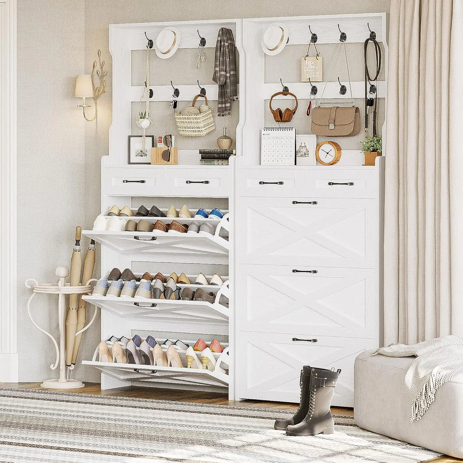 3 Flip Drawers & Coat Rack, Freestanding Wood Shoe Storage Organizer for Entryway, Hidden Narrow Shoe Rack Cabinet Organizer