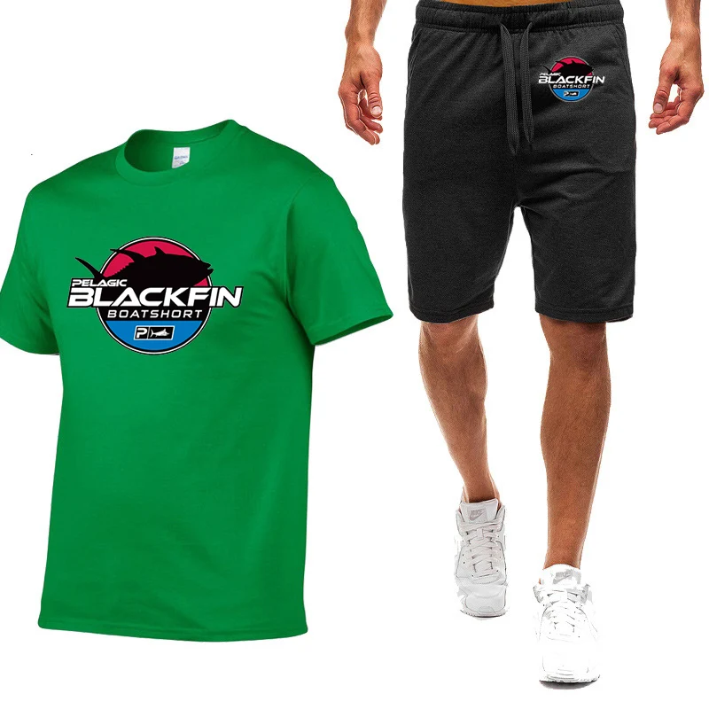 2023 new men's summer ocean fishing Logo printing 2-piece casual T-shirt short solid color short sleeve fashion high quality swe