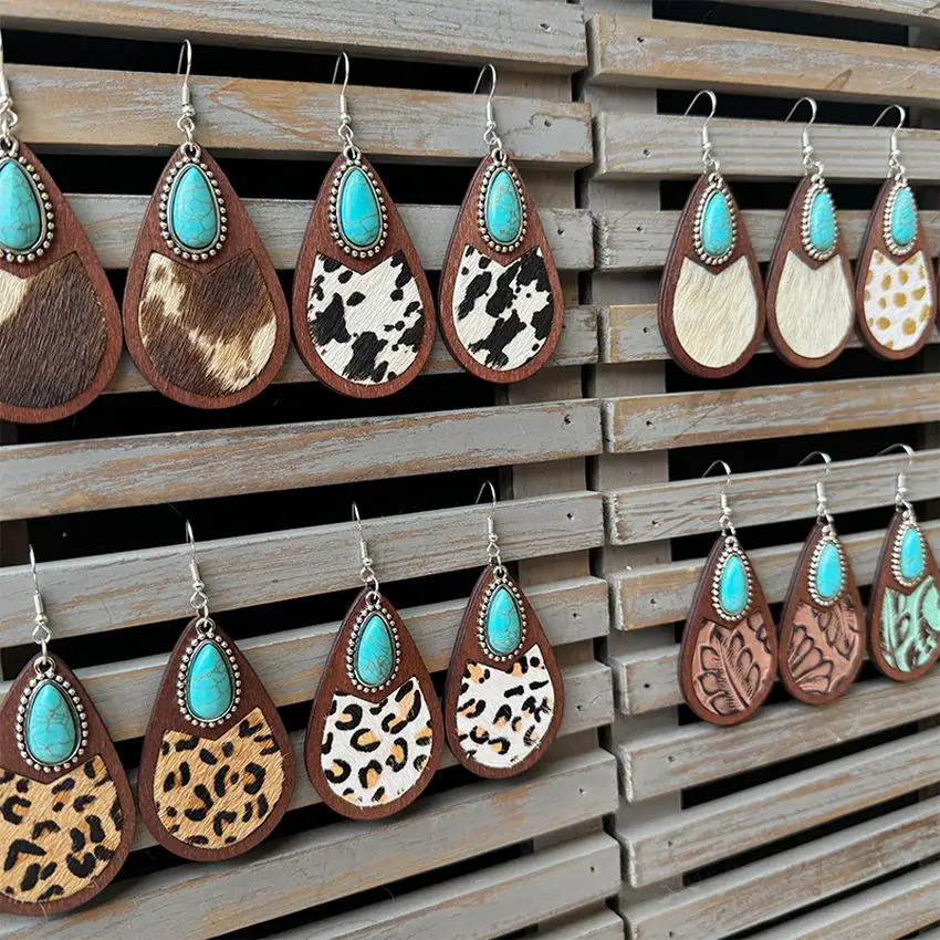 Handmade Chevron Genuine Leather Wood Turquoise Teardrop Earrings for Women New Western Cowgirl Wooden Jewelry Wholesale
