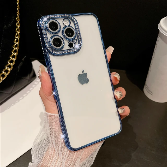 Luxury Plating Flash Diamond Bumper Phone Case with Shiny Rhinestone Lens Cover