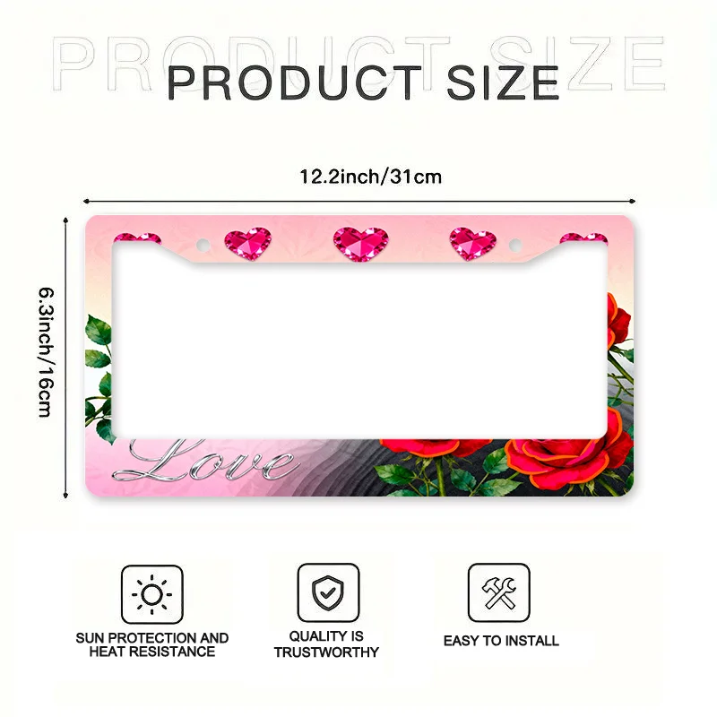 1개입 금속 번호판 프레임 발렌타인 로즈 디자인 호환 국제 차량용 고강도 녹 방지 UV 저항성