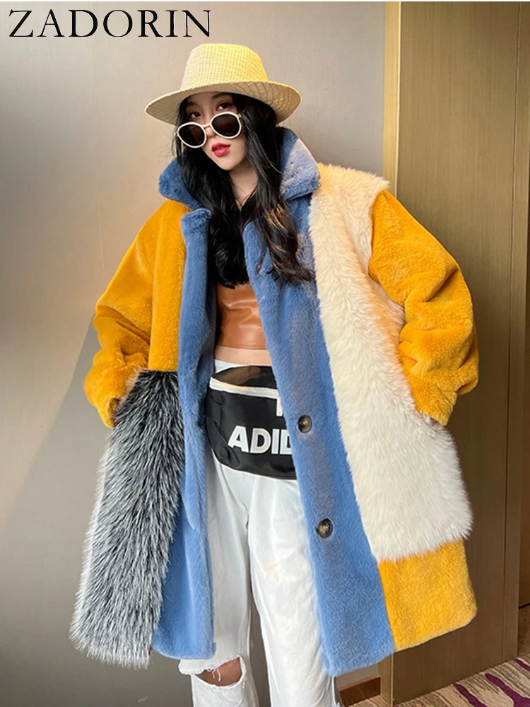 ZADORIN 2025 Winter Faux Fur Jackets for Women Furry Warm Splicing