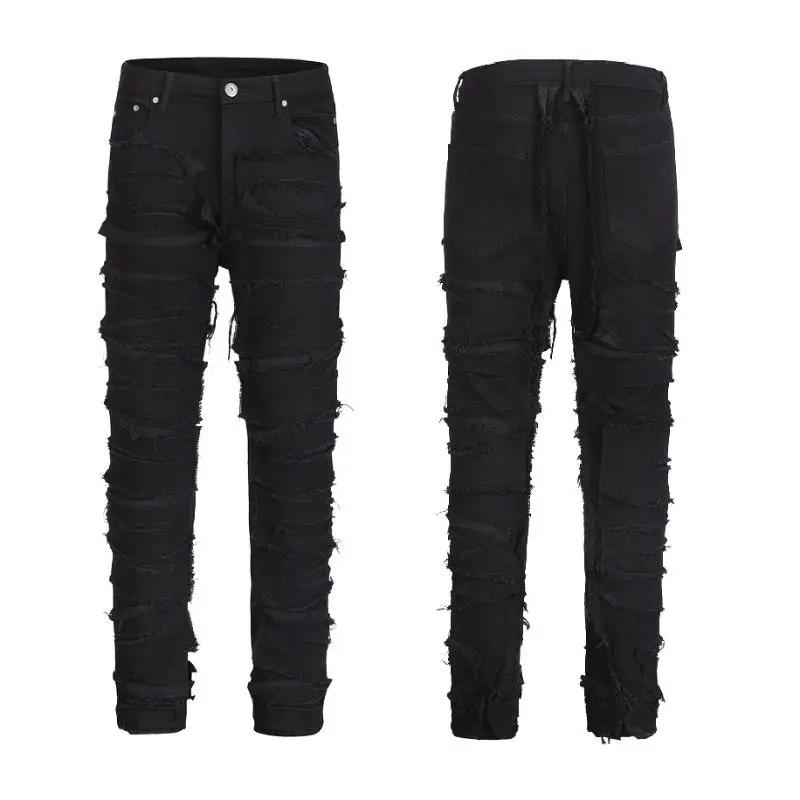 Luxury Clothing Vintage Ripped Men's Black Straight-leg Jeans Solid Denim Pencil Pants Spring Autumn Casual Bottomwear Pants