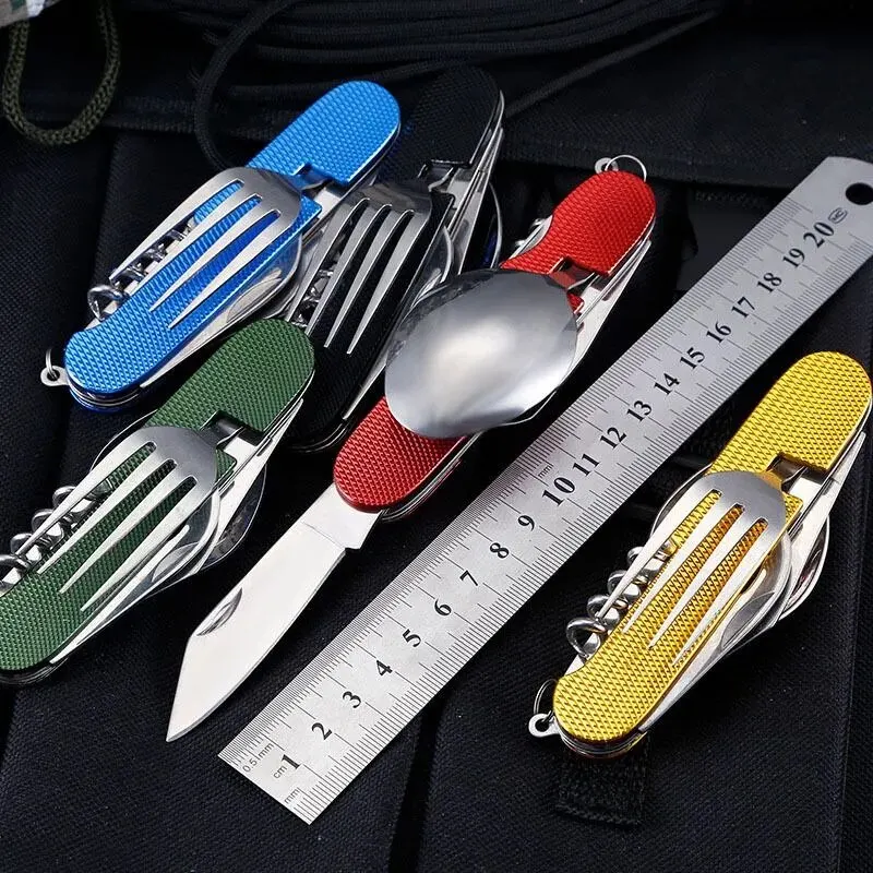 4-In-1 Stainless Steel Tableware Set Foldable Knife Spoon Fork Bottle Opener Outdoor Camping Fruit Knife Folding tableware set