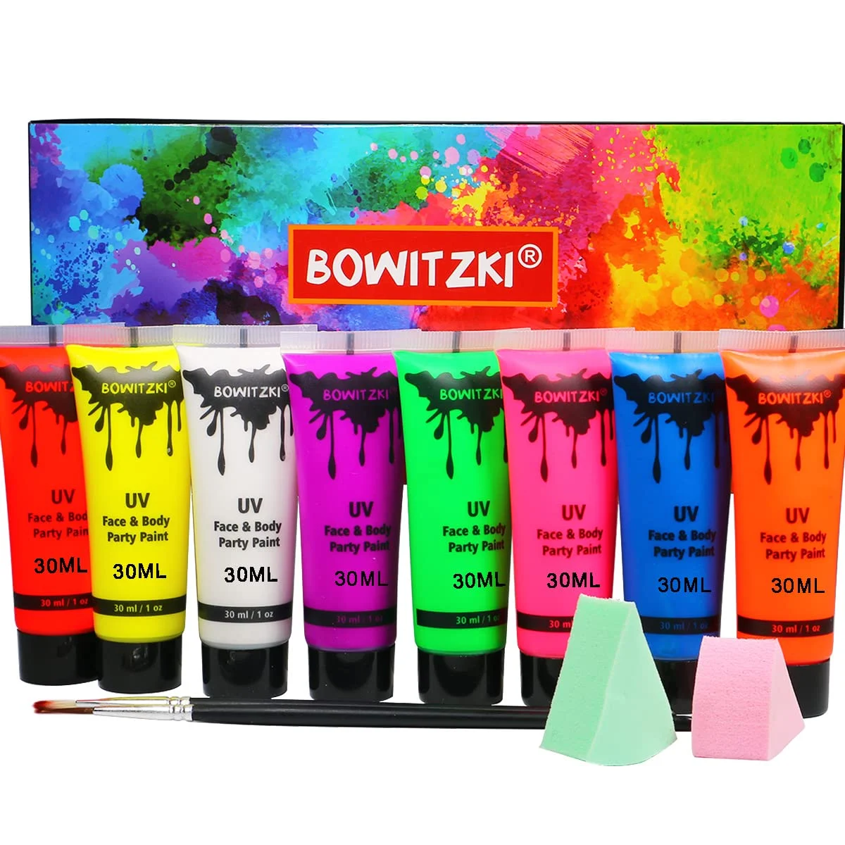 צבע פנים וגוף נאון UV של Bowitzki בנפח 8x30 מיליליטר, ערכת איפור נוזלית גדולה בצבע שחור עם אור זוהר בחושך, ציור פלואורסנטי
