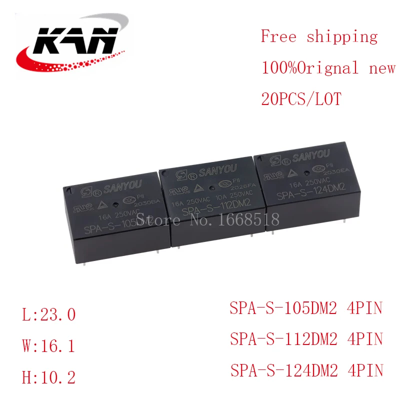 

Free shipping 20pcs Power relay SPA-S-105DM2 SPA-S-112DM2 SPA-S-124DM2 5VDC 12VDC 24VDC 16A 250VAC 4PIN Original New