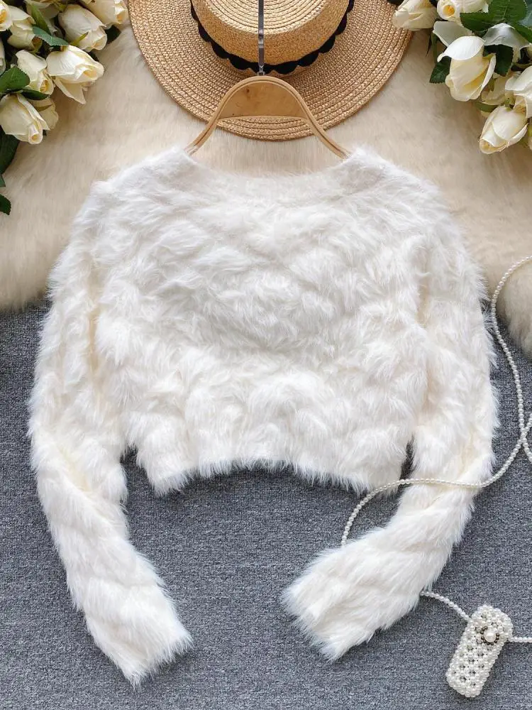 Cárdigan de punto de visón de felpa Lisa para mujer, suéter de manga larga con cuello en V, chaqueta holgada de un solo pecho, Retro francés, Otoño e Invierno - Image 4