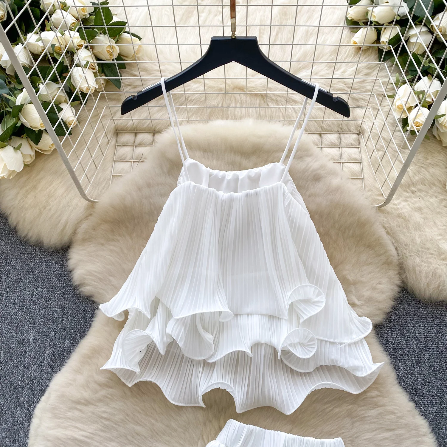 Women Summer sweet ruffle Solid Color Fashion Set Beach Strap Top Split  Casual dress Two Piece Set - AliExpress 200000345