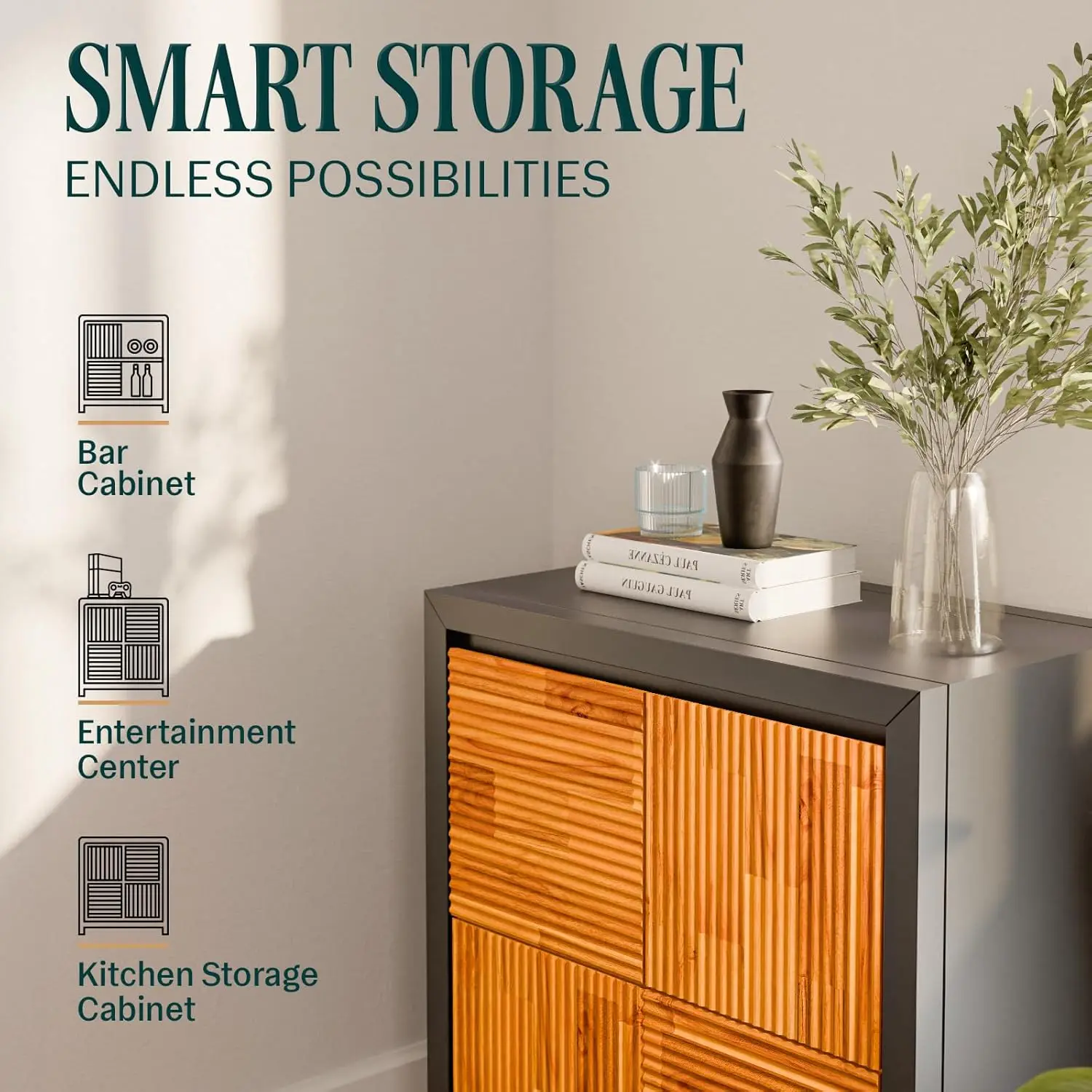Bme Madia Accent Cabinet, Trendy Fluted Pattern Entryway Table with Storage with Convenient Soft-Close Doors, Solid Acacia Wood